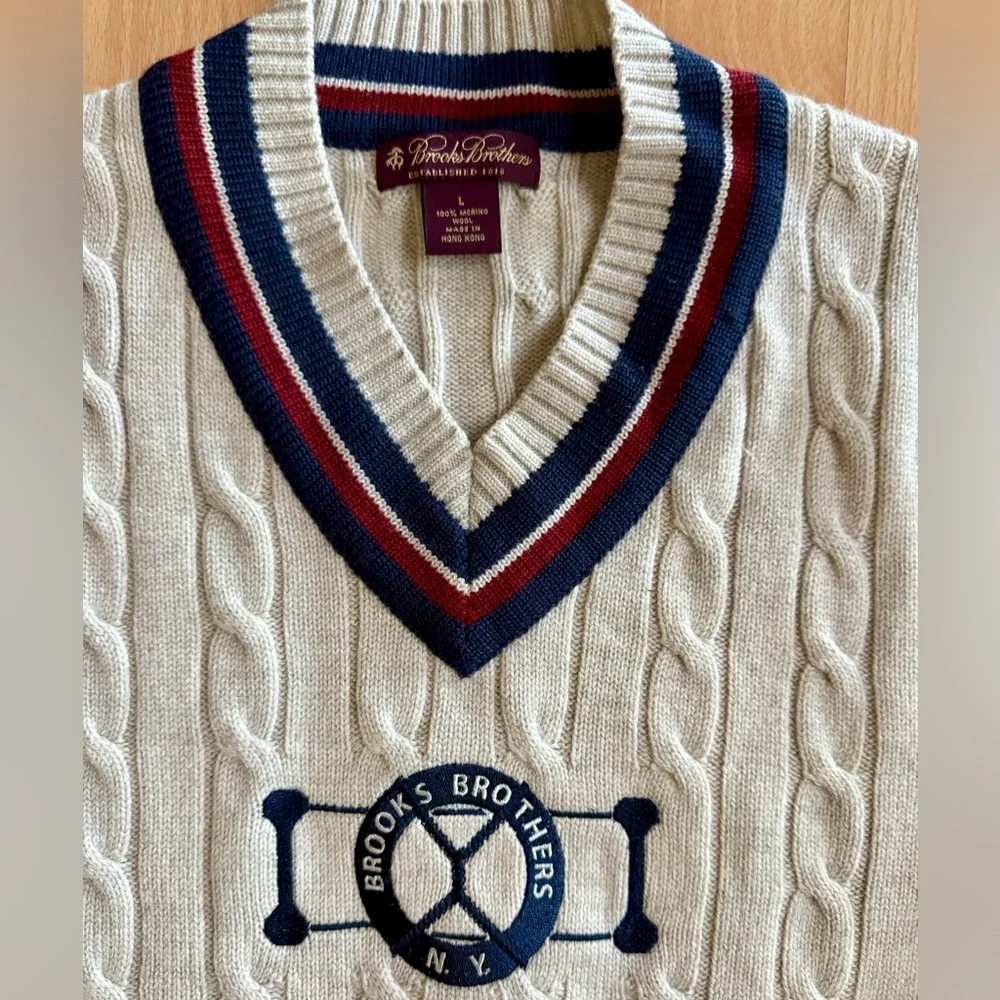 Brooks Brothers Tennis V-Neck Cable Knit Sweater Navy/ Red Accents Vintage Large